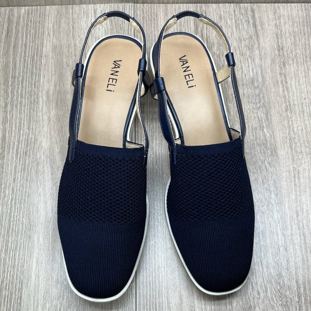 VANELi Greer Sandals Womens 10W Stretch Knit Slingback Wedge Round Toe Navy Blue